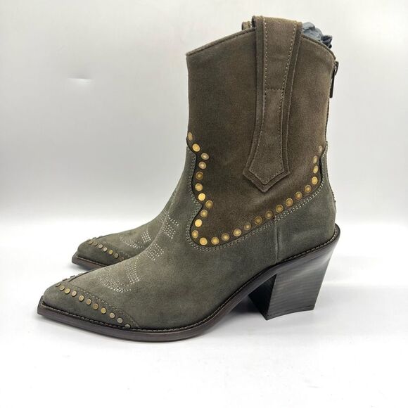 ZADIG & VOLTAIRE Womens 40 Cara Studded Western Boot Khaki Suede Leather Boots - Picture 7 of 16